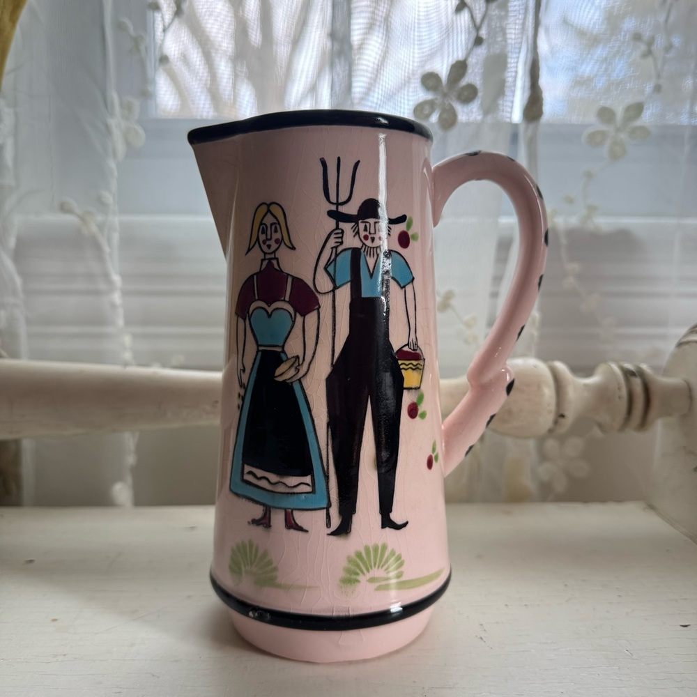 Pink and Green Ceramic Art Pitcher with Floral Design